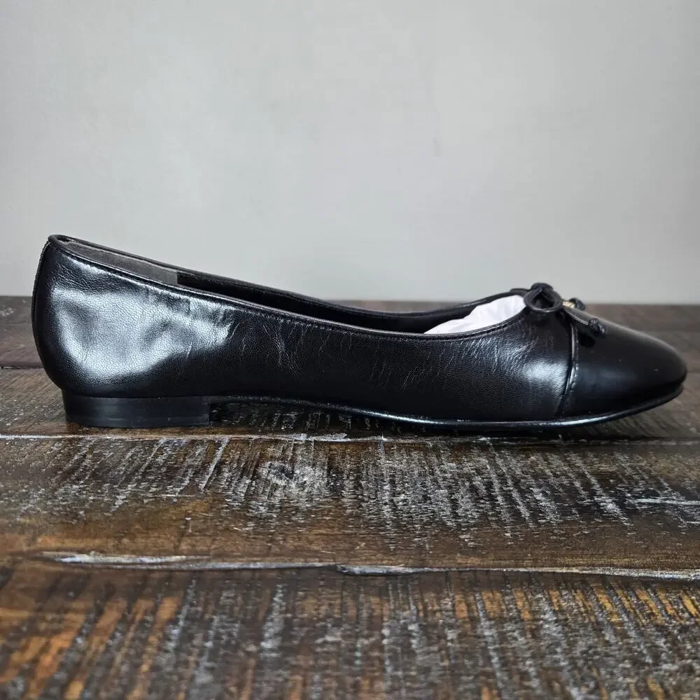 NEW Tory Burch Cap Toe Ballet Womens Size 7.5 Logo Flats Shoe Goat Leather Black